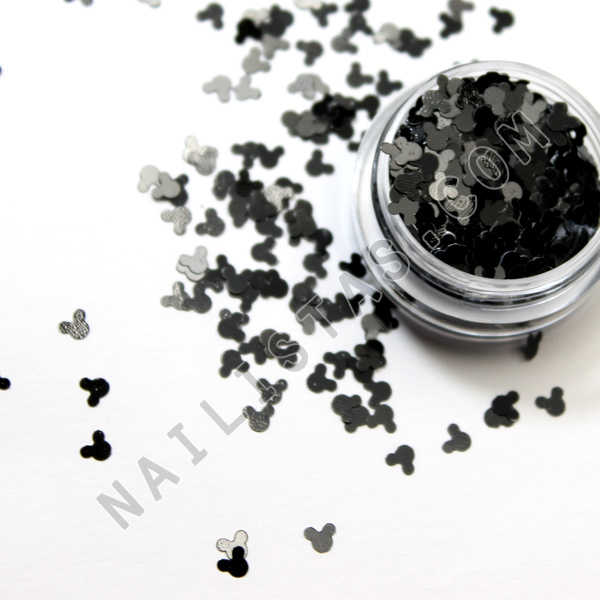 Purpurina para nail art forma mickey mouse negro mate